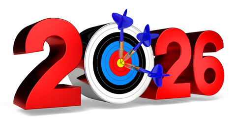 2026 concept - dartboard with arrows, white background - 3D illustration - obrazy, fototapety, plakaty