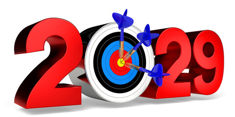 2029 concept - dartboard with arrows, white background - 3D illustration