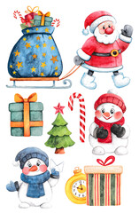 Fototapeta premium Watercolor Christmas set. Cute characters. Snowmen, Santa Claus, gift, Christmas tree. Stickers.