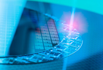 Silicon Wafer with microchips used in electronics for the fabrication of integrated circuits.