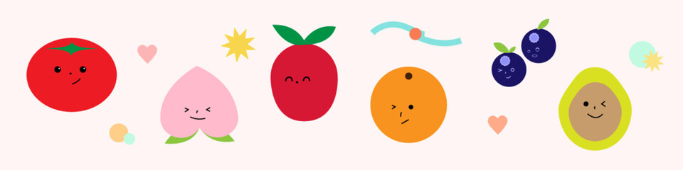 Cute fruit and veggie plat style illustrations set, fruit and vegetables design elements with facial expression.