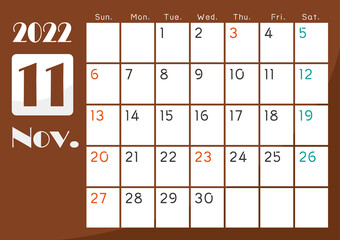 2022年　数字大きい　和カレンダー　11月