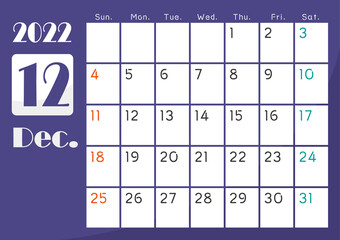2022年　数字大きい　和カレンダー　12月