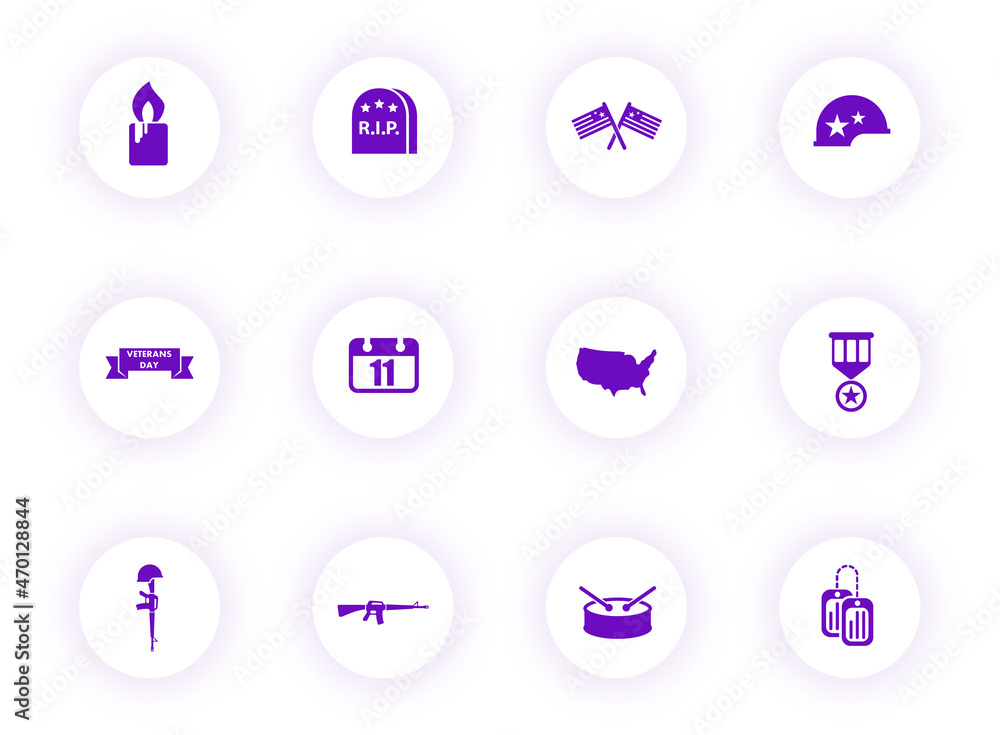 Poster veterans day purple color vector icons on light round buttons with purple shadow. veterans day icon 
