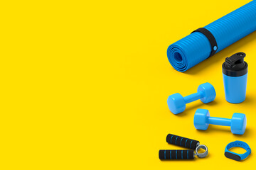Isometric view of sport equipment like yoga mat, dumbbell and smart watches