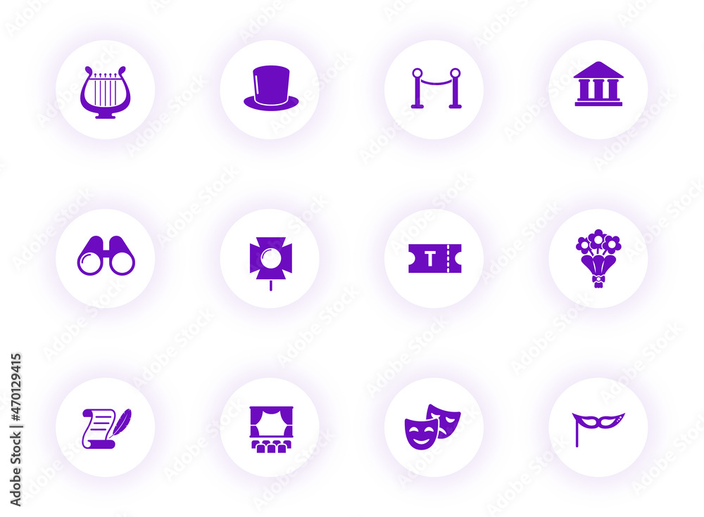 Poster theater purple color vector icons on light round buttons with purple shadow. theater icon set for we