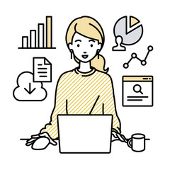 デスクで座ってPCを開いてリサーチしたりデータを分析してレポートにまとめているリモートワークの女性