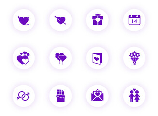 valentine day purple color vector icons on light round buttons with purple shadow. valentine day icon set for web, mobile apps, ui design and print