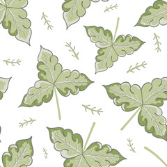 Stylized trio of oak leaves and sprigs vector seamless pattern background. Green white hand drawn leaf design in arts crafts style. Elegant botanical backdrop. Painterly foliage historical repeat.