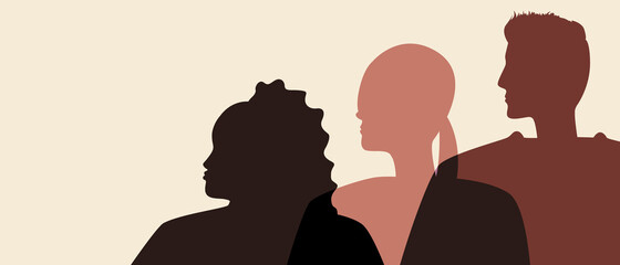 People with different skin color, copy space template, Silute vector stock illustration with different ethnic group with place for text whith African skin or European skin as overlay template