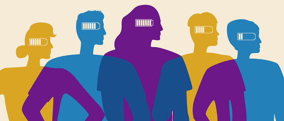 People with energy, self positive, Silute vector stock illustration with Positive people and Charge of energy or battery as a concept of mental health