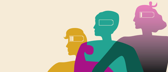 Tired People, Emotional Burnout, Copy Space Template, Silut Vector Stock Illustration with Energy Charge as a Burnout Concept with Place for Text