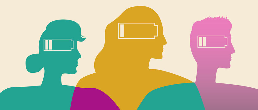 Tired People, Emotional Burnout, Silute Vector Stock Illustration with Energy Charge as a Burnout Concept or People with Battery Indicator