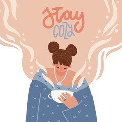 Stay cozy. Hipster girl drinking hot beverage, holding a hot cup of coffee warming her hands. Young women in stylish trendy outfit, wearing oversize sweater. Hand drawn flat vector illustration