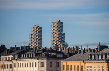 Panorama view over the district Norrmalm from the hill Observatorielunden, roofs of old apartment buildings and towers an sunny autumn day in Stockholm