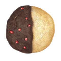 Cookie with Chocolate Icing Isolated on White Background. Watercolor Illustration for Wallpaper, Banner, Textile, Postcard or Wrapping Paper