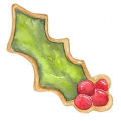 Obraz premium Holly Shape Marmalade Cookie Isolated on White Background. Watercolor Illustration for Wallpaper, Banner, Textile, Postcard or Wrapping Paper