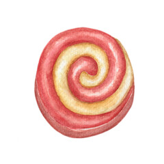 Obraz premium Spiral Marmalade and Dough Cookie Isolated on White Background. Watercolor Illustration for Wallpaper, Banner, Textile, Postcard or Wrapping Paper