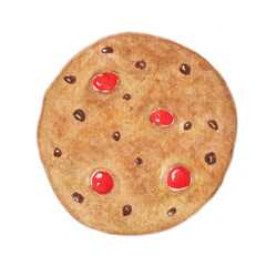 Chocolate Chips and Bonbons Cookie  Isolated on White Background. Watercolor Illustration for Wallpaper, Banner, Textile, Postcard or Wrapping Paper