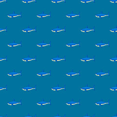 Fototapeta premium Seamless pattern shark on blue background. Texture of marine fish for any purpose.