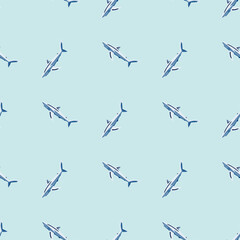 Seamless pattern Blue shark on light turquoise background. Texture of marine fish for any purpose.