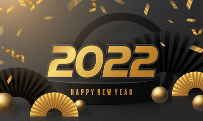 2022 Happy new year christmas design template. logo Design for greeting cards or for branding, banner, cover, card Happy new year 2022 with paper cut art and craft style on paper color background.
