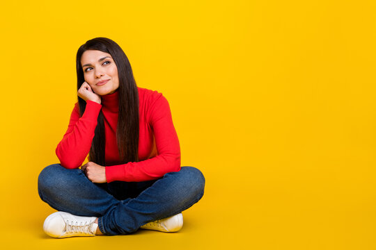 Full size portrait of pretty positive lady arm on cheek look interested empty space isolated on yellow color background