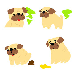 Set of hand drawn icons. Little pugs. Vector illustrations on white background.