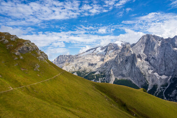 Fototapeta premium View of Marmolada from the Viel del Pan trail. Dolomites.