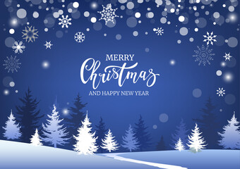Blue winter background. Merry Christmas postcard template with winter forest. Festive banner.