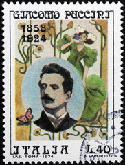Great italian composer Giacomo Puccini on postage stamp - obrazy, fototapety, plakaty