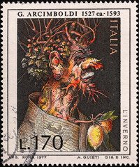 Painting by Giuseppe Arcimboldo on italian postage stamp - obrazy, fototapety, plakaty