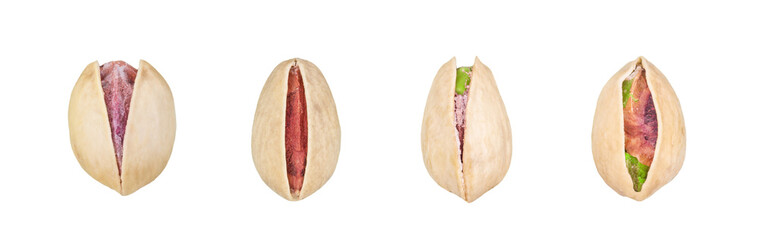 set of fresh raw pistachios standing upright nuts isolated on white background. clipping path close-up ready to use © JaneMoon