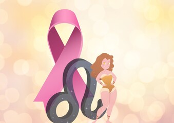 Taurus symbol, pink ribbon and mermaid icon against sots of light on gradient background