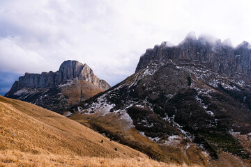 Beautiful view of powerful rocky mountains. Travel concept.