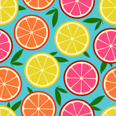 Seamless vector pattern with citruses slices: oranges, lemons and grapefruits on blue background