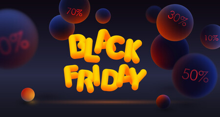 Banner for Black Friday with luminous letters and percent. Realistic blue and orange balls, blured and luminescent on dark background. Vector illustration for sale, advertising and special discounts.