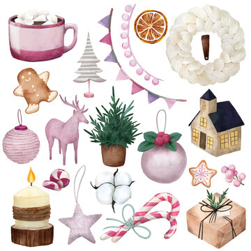 Scandi christmas elements, pink colors. hand drawn vector