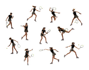 Development of movements. Collage made of images of professional female tennis player with racket in motion, action isolated on white studio background.