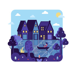 Fototapeta premium Four boat garage next to the river and bridge. Vector cartoon illustration in flat stile