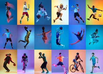 Collage of different professional sportsmen, fit people in action, motion isolated on multicolor...