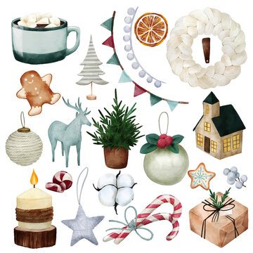 Scandi christmas elements, neutral colors. hand drawn