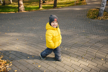 Cute baby boy walking in autumn park and smiling