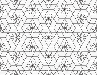 Pattern with geometric elements, stars and thin lines. Seamless Abstract geometric texture. Trendy background in Arabic style for fabric, textile and wrapping. Monochrome Vector linear swatches.