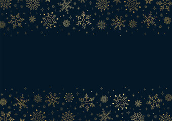 Snowflake Frame, Card template, Golden Line art on Navy Background 
