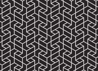 Seamless pattern with intersecting stripes and polygons on black backcround. Abstract vector design for louver, textile, fabric and wrapping.