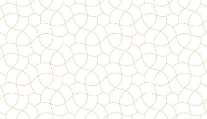 Seamless pattern with intersecting wavy golden lines and polygons. Vector abstract background in Arabic style. Decorative lattice design for wallpaper, textile, fabric and wrapping.