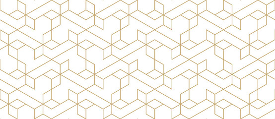 Pattern with thin straight golden lines and stars on white background. Seamless abstract monochrome linear design. Vector hexagonal background. Linear design for textile, wrapping, wallpaper.