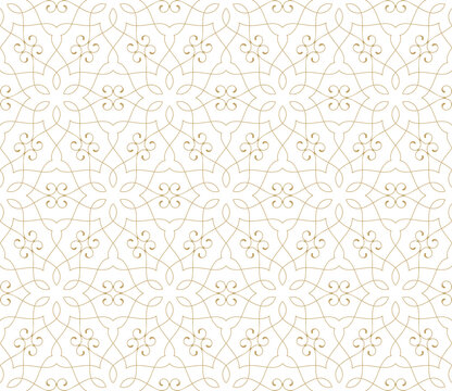 Seamless pattern with stylized golden leaves and scrolls forming abstract floral background. Arabesque design for wallpaper, textile and fabric. Decorative lattice in Arabic style.