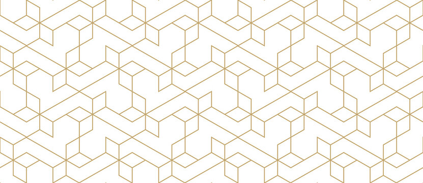 Pattern with thin straight golden lines and stars on white background. Seamless abstract monochrome linear design. Vector hexagonal background. Linear design for textile, wrapping, wallpaper.